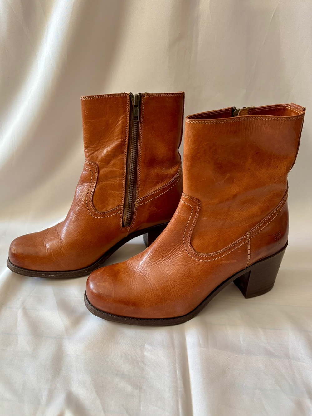 Frye western brown cognac short heeled bootie